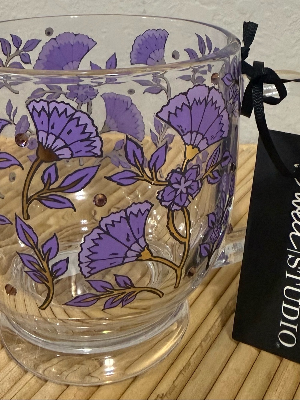 Dwell Studio Clear glass Footed Mug Purple Floral & Rhinestones